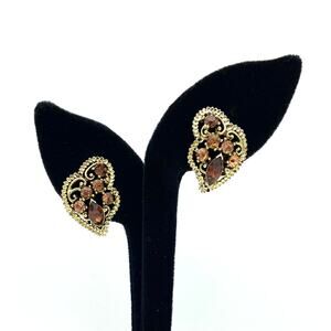 Vintage Brown and Amber Rhinestone Gold Tone Clip On Earrings READ